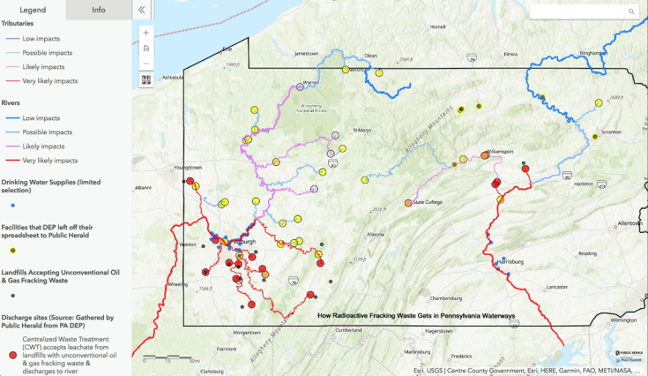 Pennsylvania is Discharging Radioactive Fracking Waste Into Rivers As Landfill Leachate, Impacting The Chesapeake Bay & Ohio River Watersheds (Map credit: FrackTracker Alliance)